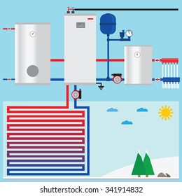 Air source heat pump in the cottage. Vector.
