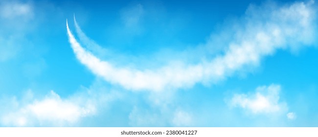 Pista de humo del avión de velocidad aérea con línea vectorial de nube. niebla de condensación del vuelo del avión de vapor blanco 3d. Pista de vapor de chorro realista con vapor. Movimiento de rastreo de explosión de gas en el espacio. Flujo de aviación humedecido