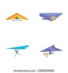 Air sport icons set cartoon vector. Gliding man flying extreme sport. Active lifestyle