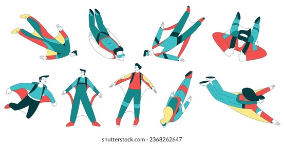 Air Sport with People Character Parachuting and Wingsuit Flying Vector Set