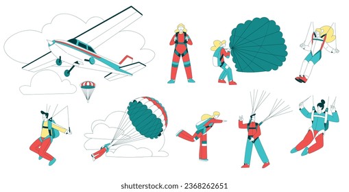 Air Sport with People Character Parachuting and Skydiving Vector Set