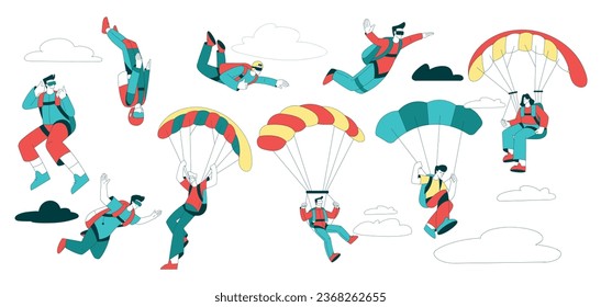 Air Sport with People Character Parachuting and Skydiving Vector Set