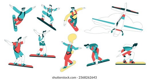 Air Sport with People Character Sky Surfing with Bag and Skysurf Board Vector Set