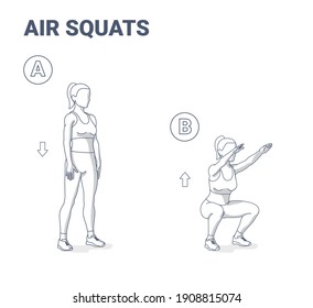 Air Squats Female Exercise Home Workout Guidance Outline Concept. Squatting Athletic Young Woman in Sportswear Top, Leggings, and Sneakers Does Butt Workout Exercise.