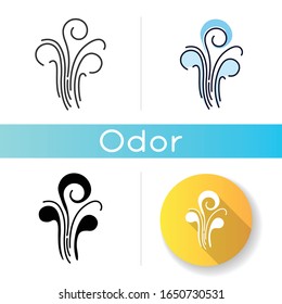 Air swirl icon. Cold fresh wind gust. Whirlwind. Good smell, evaporation. Aromatic fragrance. Smoke puff. Cool windy stream, fume. Linear black and RGB color styles. Isolated vector illustrations