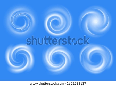 Air swirl. Swirl light effect, spiral air flow, circular vortex, cold wind conditioner stream. Spiral blue airflow, isolated vector set.
