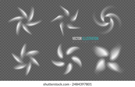 Air swirling currents forming fan circular shapes on transparency grid. Set elements for airflow, breeze, and movement, cooling systems, air conditioning, and ventilation. Vector
