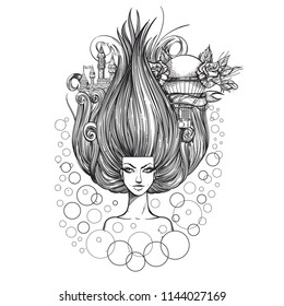 The air symbol. Fantastic woman with a magnificent hairdo. Element. Goddess of air. Sketch for tattoo.