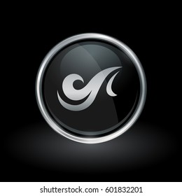 Air symbol with wind breeze icon inside round chrome silver and black button emblem on black background. Vector illustration.