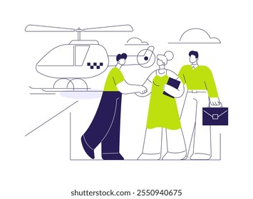 Ilustração de vetor de conceito abstrato de táxi aéreo. Grupo de empresários usando serviços de helicóptero, transporte aéreo, transporte aéreo comercial de táxi, metáfora abstrata de veículo de luxo.