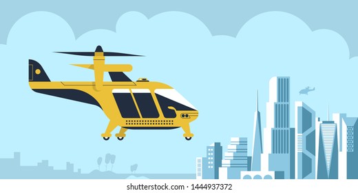 Air taxi drone or passenger quadcopter. Flying futuristic rotor vehicle. Modern unmanned electric aircraft or automated quadrotor on city background. Cartoon colorful vector illustration.