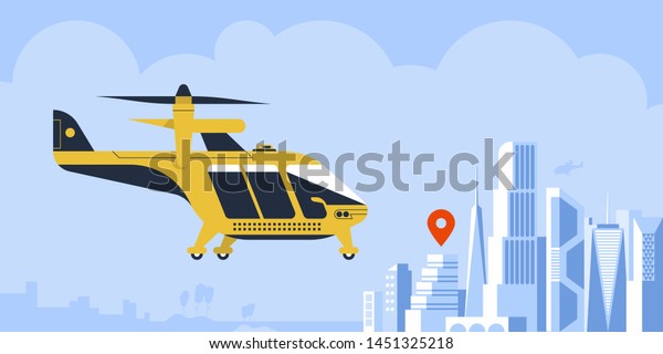Air taxi drone or passenger quadcopter.\
Flying futuristic rotor vehicle. Modern unmanned electric aircraft\
or automated quadrotor on city background. Cartoon colorful vector\
illustration.