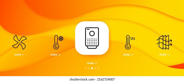 Air temperature control set icon. Fan, thermometer, extractor hood, cold, heat, arrows, conditioner. Air circulation concept. Infographic timeline with icons and 5 steps Vector line icon for Business.