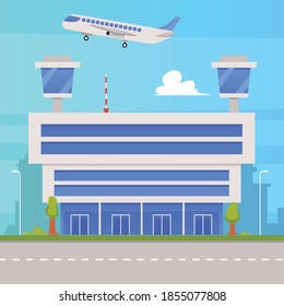 Air terminal building with two observation control towers, flat vector illustration. Architecture background with airport building and runway strip in front.