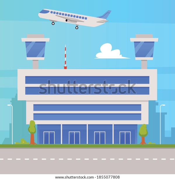 Air terminal building with two\
observation control towers, flat vector illustration. Architecture\
background with airport building and runway strip in\
front.