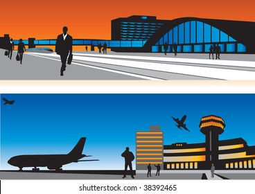 Air terminal and railway station. Passengers and buildings. Vector illustration