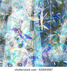 Air texture. Blue. Squares, stylized leaves and feathers. Abstract colorful seamless vector background. Easy editing. For fabric, printing, wrapping paper.