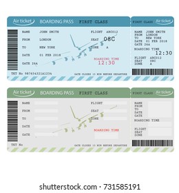 Air ticket with barcode, Airline boarding pass, traveler check template with aircraft. Vector