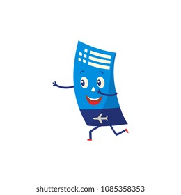 Air ticket cartoon character happily running forward with arms outstretched isolated on white background. Vector illustration of airplane ticket rushes to meet traveling and adventure.