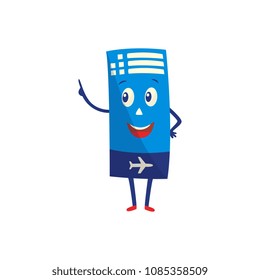 Air ticket cartoon character with happy smile on face pointing to something with index finger up isolated on white background. Vector illustration of flight document.