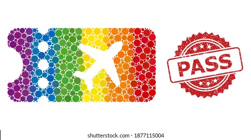 Air ticket collage icon of filled circle dots in different sizes and rainbow color hues, and Pass unclean rosette stamp. A dotted LGBT-colored Air ticket for lesbians, gays, transgenders,