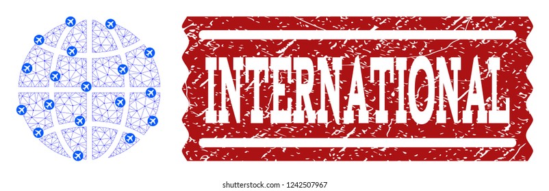 Air ticket collage of polygonal mesh global map of world and rubber seal. Vector red seal with unclean rubber texture for airtickets. Abstract blue mesh lines,
