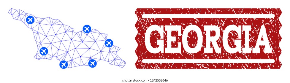 Air ticket collage of polygonal mesh map of Georgia country and corroded stamp seal. Vector red watermark with corroded rubber texture for airtickets. Abstract blue mesh lines,