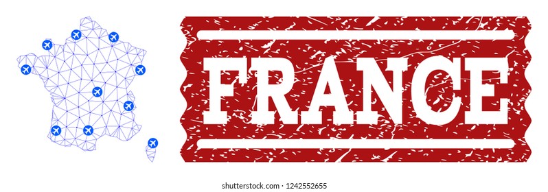 Air ticket collage of polygonal mesh map of France and rubber stamp seal. Vector red seal with grunge rubber texture for airtickets. Abstract blue mesh lines, airports and points with map of France.