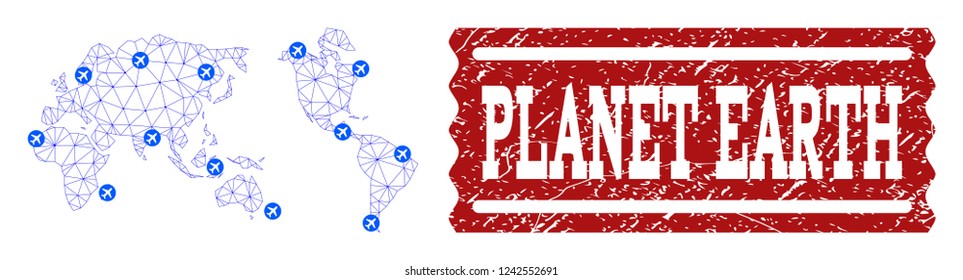 Air ticket collage of polygonal mesh map of Earth and unclean stamp seal. Vector red seal with scratched rubber texture for airtickets. Abstract blue mesh lines, airports and points with map of Earth.