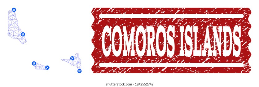 Air ticket collage of polygonal mesh map of Comoros Islands and rubber stamp seal. Vector red seal with unclean rubber texture for airtickets. Abstract blue mesh lines,