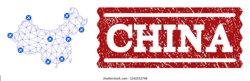 Air ticket collage of polygonal mesh map of China and scratched seal. Vector red seal with distress rubber texture for airtickets. Abstract blue mesh lines, airports and points with map of China.