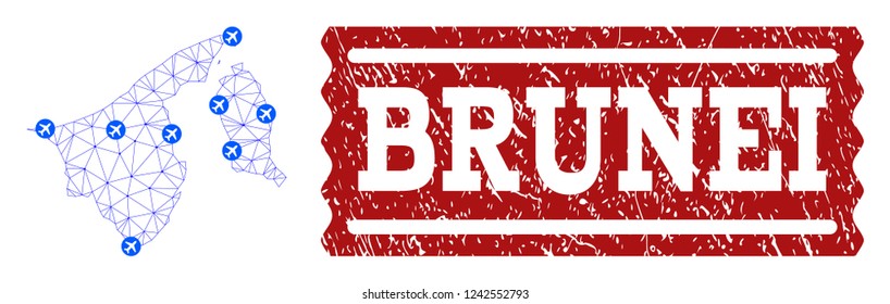Air ticket collage of polygonal mesh map of Brunei and rubber seal. Vector red seal with distress rubber texture for airtickets. Abstract blue mesh lines, airports and points with map of Brunei.