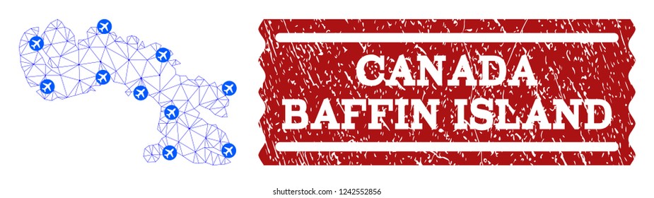 Air ticket collage of polygonal mesh map of Baffin Island and corroded seal. Vector red seal with corroded rubber texture for airtickets. Abstract blue mesh lines,