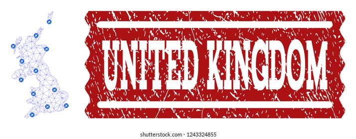 Air ticket collage of polygonal mesh map of United Kingdom and unclean seal. Vector red watermark with unclean rubber texture for airtickets. Abstract blue mesh lines,