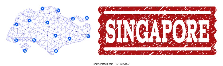 Air ticket collage of polygonal mesh map of Singapore and grunge seal. Vector red seal with grunge rubber texture for airtickets. Abstract blue mesh lines, airports and points with map of Singapore.