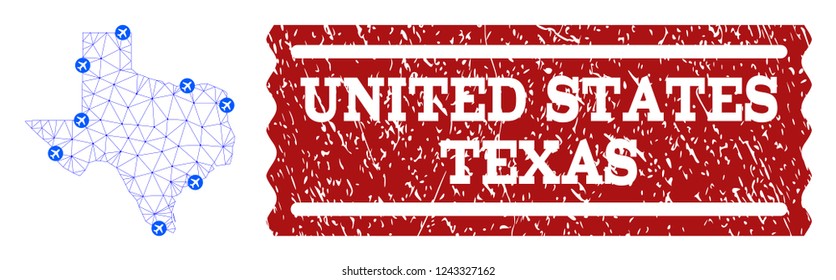 Air ticket collage of polygonal mesh map of Texas State and rubber stamp seal. Vector red seal with scratched rubber texture for airtickets. Abstract blue mesh lines,