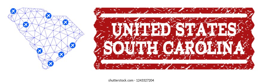 Air ticket collage of polygonal mesh map of South Carolina State and corroded stamp seal. Vector red seal with distress rubber texture for airtickets. Abstract blue mesh lines,