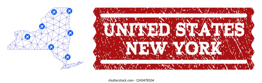 Air ticket collage of polygonal mesh map of New York State and corroded stamp seal. Vector red seal with grunge rubber texture for airtickets. Abstract blue mesh lines,
