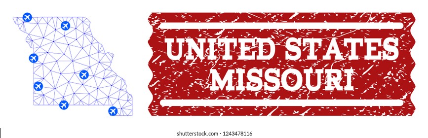 Air ticket collage of polygonal mesh map of Missouri State and corroded stamp seal. Vector red seal with distress rubber texture for airtickets. Abstract blue mesh lines,