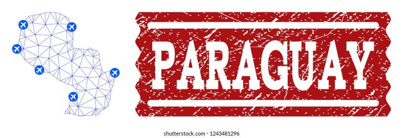 Air ticket collage of polygonal mesh map of Paraguay and rubber seal. Vector red watermark with grunge rubber texture for airtickets. Abstract blue mesh lines,