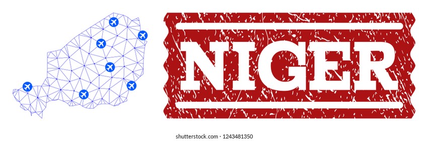 Air ticket collage of polygonal mesh map of Niger and dirty stamp seal. Vector red seal with scratched rubber texture for airtickets. Abstract blue mesh lines, airports and points with map of Niger.