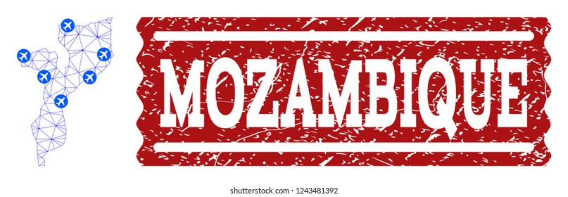 Air ticket collage of polygonal mesh map of Mozambique and dirty seal. Vector red seal with grunge rubber texture for airtickets. Abstract blue mesh lines, airports and points with map of Mozambique.