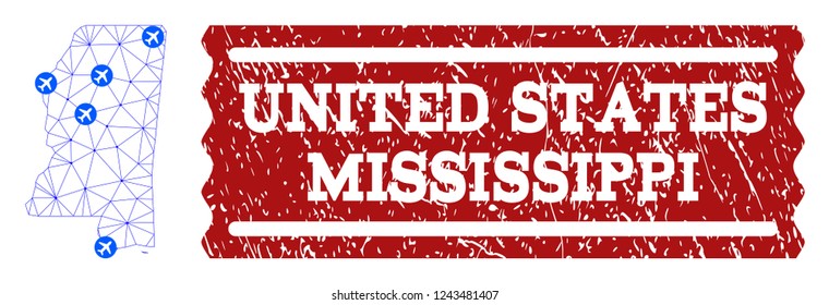 Air ticket collage of polygonal mesh map of Mississippi State and rubber seal. Vector red seal with distress rubber texture for airtickets. Abstract blue mesh lines,