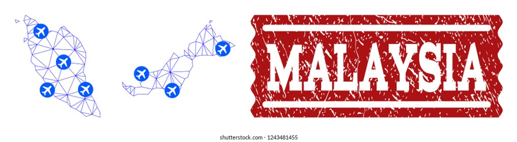 Air ticket collage of polygonal mesh map of Malaysia and scratched stamp seal. Vector red seal with scratched rubber texture for airtickets. Abstract blue mesh lines,