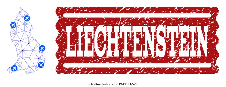 Air ticket collage of polygonal mesh map of Liechtenstein and scratched stamp seal. Vector red seal with unclean rubber texture for airtickets. Abstract blue mesh lines,