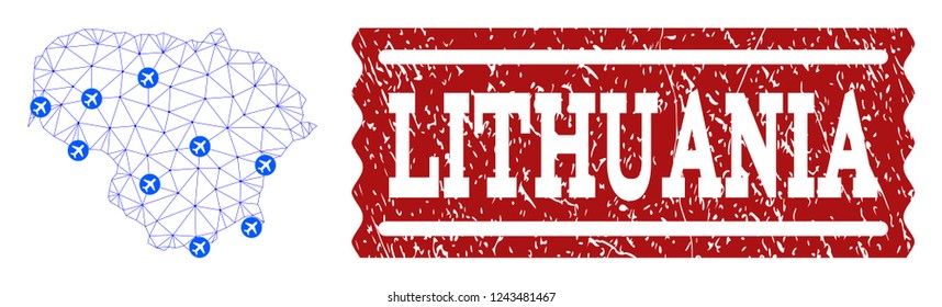 Air ticket collage of polygonal mesh map of Lithuania and textured stamp seal. Vector red seal with unclean rubber texture for airtickets. Abstract blue mesh lines,