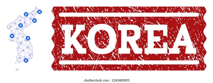 Air ticket collage of polygonal mesh map of Korea and corroded seal. Vector red watermark with corroded rubber texture for airtickets. Abstract blue mesh lines, airports and points with map of Korea.