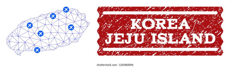 Air ticket collage of polygonal mesh map of Korean Jeju Island and scratched seal. Vector red seal with scratched rubber texture for airtickets. Abstract blue mesh lines,