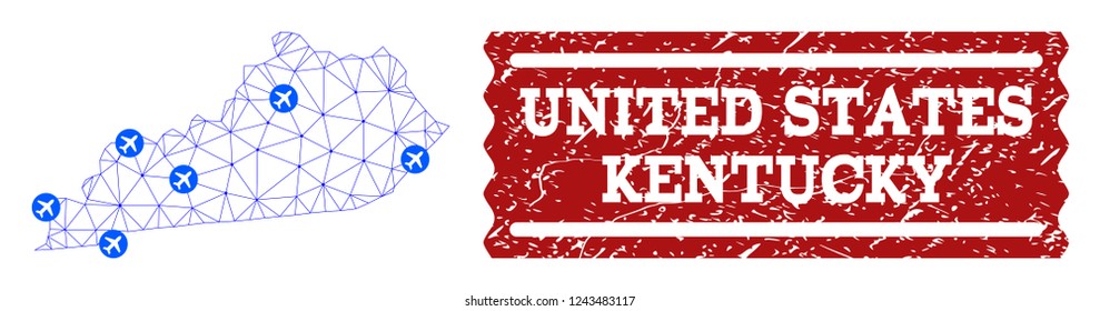 Air ticket collage of polygonal mesh map of Kentucky State and grunge stamp seal. Vector red seal with grunge rubber texture for airtickets. Abstract blue mesh lines,