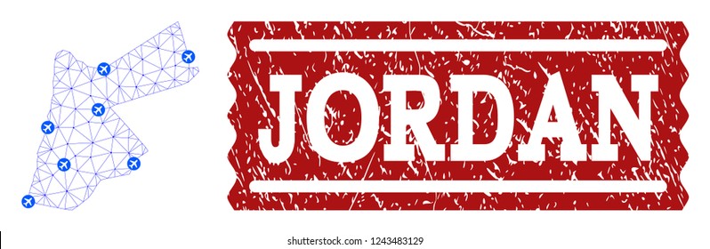 Air ticket collage of polygonal mesh map of Jordan and rubber seal. Vector red seal with grunge rubber texture for airtickets. Abstract blue mesh lines, airports and points with map of Jordan.
